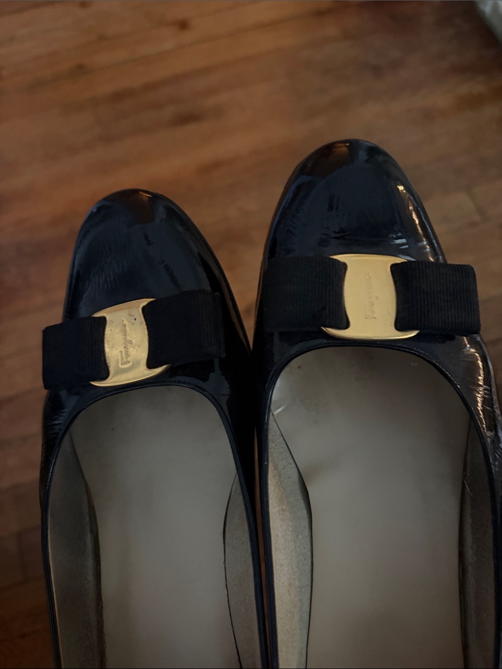 Salvatore Ferragamo Black Patent Leather Vara Bow Flats